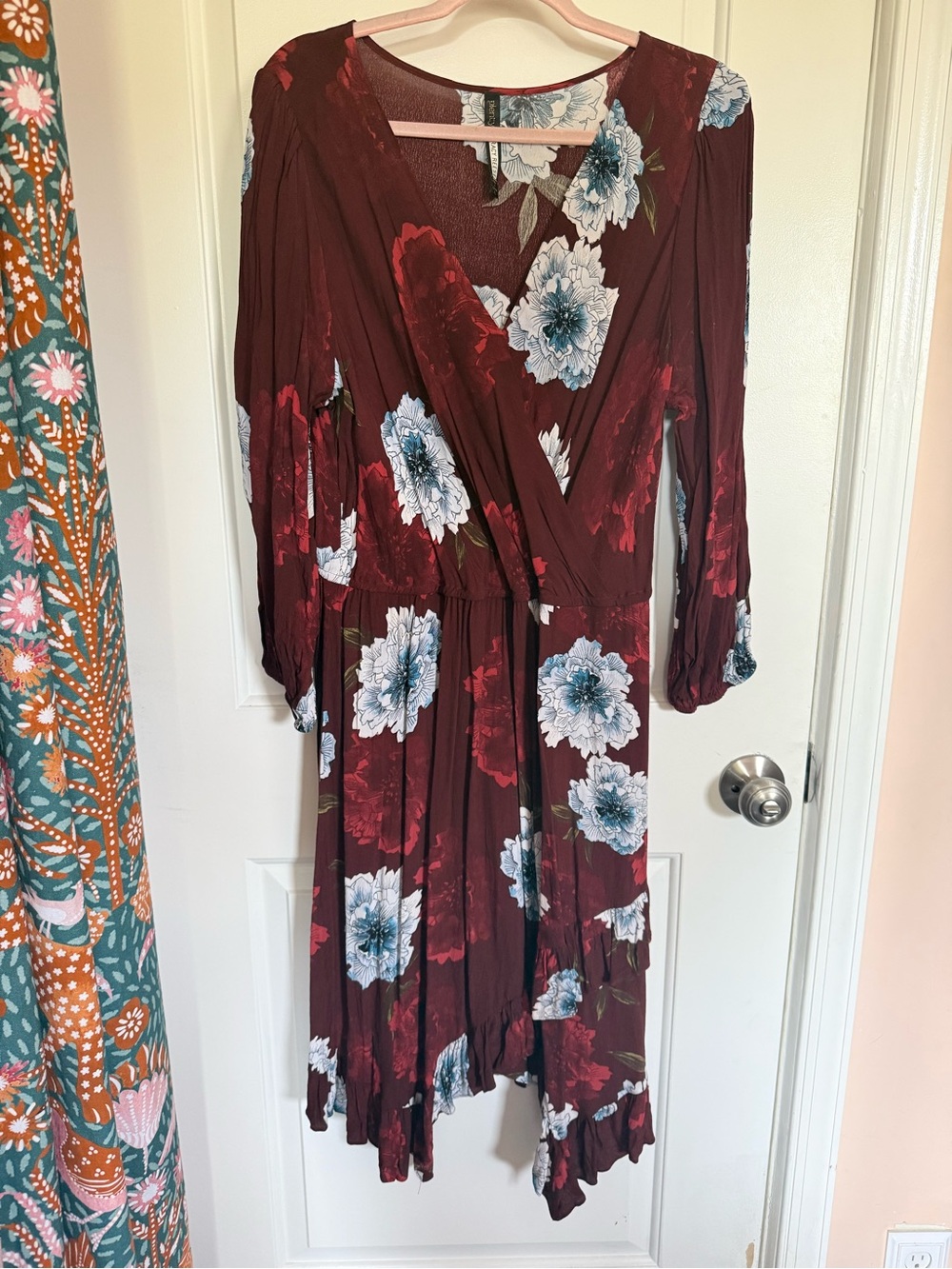 Tracy Reese Wine Floral Wrap Dress with White and Blue Blooms